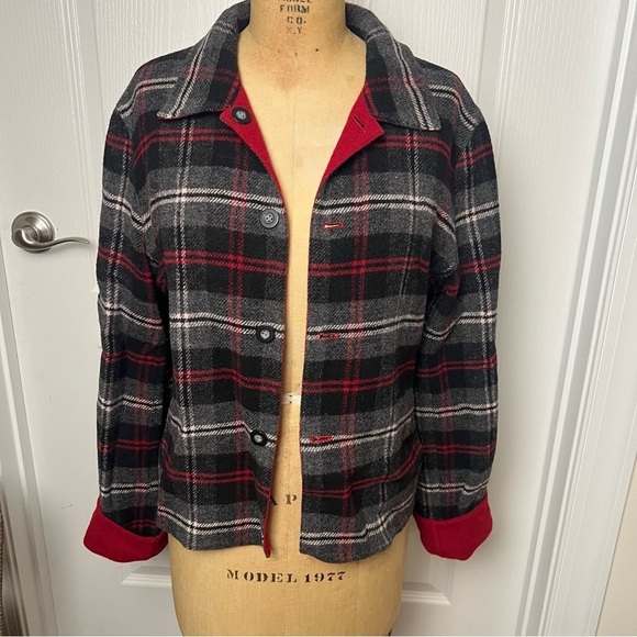 Charter Club Reversible Black/gray/white Plaid and Red Wool Blend jacket - Picture 1 of 4